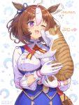  1girl 1other :3 ahoge animal animal_ears blue_dress blush breasts brown_hair cat cat_on_person dress ear_ribbon gloves hair_between_eyes hairband hand_on_another&#039;s_cheek hand_on_another&#039;s_face highres holding holding_animal holding_cat horse_ears horse_girl horseshoe_print large_breasts long_sleeves meisho_doto_(umamusume) meto_(cat) multicolored_hair one_eye_closed open_mouth pink_hairband purple_eyes shirt short_hair suga_masashi tail translation_request two-tone_hair umamusume whiskers white_gloves white_hair 