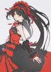  1girl absurdres bare_shoulders black_hair breasts cleavage date_a_live date_a_live:_date_a_bullet detached_sleeves dress gothic_lolita hairband heterochromia highres lolita_fashion lolita_hairband long_hair looking_at_viewer medium_breasts red_eyes ribbon sao7 smile solo tokisaki_kurumi twintails uneven_twintails white_background yellow_eyes 