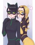  animal_ears black_bodysuit black_hair black_mask blonde_hair blue_eyes bodysuit braid cat_ears cat_girl closed_mouth gongonsrr green_eyes grey_background highres lady_noir long_hair looking_at_another marinette_dupain-cheng miraculous_ladybug simple_background single_braid slit_pupils superhero_costume yellow_bodysuit yellow_mask zoe_lee 