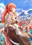  1girl absurdres ahoge bird black_hairband cape crossed_bangs eris_greyrat falling_feathers feathers gloves hair_between_eyes hairband highres humany long_hair mushoku_tensei outdoors red_eyes red_hair revision solo thick_eyebrows 