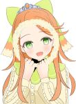  1girl bow etie_(fire_emblem) fire_emblem fire_emblem_engage frilled_sleeves frills green_bow green_eyes highres itunerin looking_at_viewer open_mouth orange_gemstone orange_hair swept_bangs tiara 