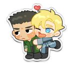  2boys acrylic_stand ao_isami black_hair blonde_hair blush_stickers cheek-to-cheek cheek_press chibi couple facial_hair heads_together heart heart-shaped_mouth highres ice_nomu jitome lewis_smith looking_ahead male_focus medium_sideburns multiple_boys sideburns_stubble stubble thick_eyebrows yaoi yuuki_bakuhatsu_bang_bravern 