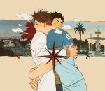  2boys blue_shirt breath brown_background brown_hair chengongzi123 city closed_eyes coat commentary compass_rose facing_to_the_side fountain grin haikyuu!! hand_up highres hug iwaizumi_hajime long_hair long_sleeves male_focus multiple_boys mutual_hug oikawa_tooru_(haikyuu!!) outdoors palm_tree red_scarf scarf shirt short_sleeves smile sunrise sweat sweater symbol-only_commentary t-shirt tree upper_body very_long_hair water white_coat yaoi 