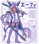  1girl bare_shoulders boots color_guide dark_skin dress emily_kim english_text espeon forehead_jewel gem highres holding holding_sword holding_weapon humanization jacket open_clothes open_jacket pokemon ponytail purple_dress purple_eyes purple_hair purple_jacket purple_theme red_gemstone simple_background sleeveless sleeveless_dress sparkle stats sword thigh_boots twitter_username weapon 