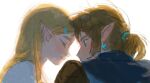  1boy 1girl blonde_hair blue_eyes blush closed_eyes earrings forehead-to-forehead heads_together jewelry ling5707 link long_hair looking_at_another pointy_ears ponytail princess_zelda profile simple_background sketch smile the_legend_of_zelda the_legend_of_zelda:_tears_of_the_kingdom white_background 