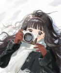  2girls black_coat black_hair blush camera cardcaptor_sakura coat daidouji_tomoyo gloves grey_eyes hairband highres holding holding_camera kinomoto_sakura ling5707 long_hair lying multiple_girls on_back red_gloves reflection scarf snow upper_body white_scarf 