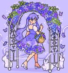  1girl arch basket bug butterfly choker constellation_print crescent crescent_facial_mark dress emily_kim facial_mark floral_arch floral_print floral_print_dress flower forehead_mark from_behind hair_flower hair_ornament highres holding holding_basket monochrome original pastel_colors puffy_short_sleeves puffy_sleeves purple_background purple_butterfly purple_choker purple_dress purple_eyes purple_flower purple_hair rabbit sandals see-through see-through_sleeves short_sleeves simple_background sparkle twintails twitter_username white_footwear white_rabbit_(animal) wisteria 