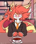 5_fingers anthro beverage clothing coffee date_pov fingers generation_5_pokemon hair hi_res lewdchuu_(artist) male necktie nintendo pink_eyes pokemon pokemon_(species) red_body red_hair serperior sitting smile solo suit tail