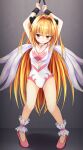  1girl angel_leotard armpits arms_up blonde_hair breasts chained_wrists dragon_quest hair_intakes highres kaze_(kaze_kaza) konjiki_no_yami leotard long_hair neglect_play pink_footwear red_eyes restrained small_breasts solo to_love-ru two-tone_leotard two_side_up white_leotard wings 