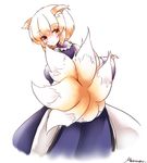  animal_ears bad_id bad_pixiv_id blonde_hair blush_stickers dress fox_ears fox_tail highres light_smile looking_at_viewer looking_back multiple_tails scarlet_0915 short_hair solo tabard tail touhou white_dress yakumo_ran yellow_eyes 