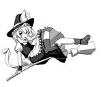  apron boots bow broom broom_riding dress fingerless_gloves gloves greyscale hand_on_headwear hat hat_bow isaki_(gomi) kirisame_marisa long_hair looking_at_viewer monochrome open_mouth puffy_short_sleeves puffy_sleeves reclining sash short_sleeves smile solo touhou waist_apron witch_hat 