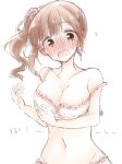  1girl arm_under_breasts baran._(ba_ra_ran) blush bra breast_hold breasts brown_hair cleavage collarbone ear_blush embarrassed frilled_bra frills idolmaster idolmaster_cinderella_girls igarashi_kyoko lone_nape_hair long_hair looking_at_viewer navel nose_blush panties side_ponytail simple_background solo stomach underwear underwear_only upper_body white_background white_bra yellow_eyes 