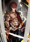  1boy abs absurdres emiya_shirou fate/grand_order fate_(series) highres holding holding_weapon igote japanese_clothes katana kdm_(ke_dama) looking_at_viewer male_focus orange_hair pectorals senji_muramasa_(fate) short_hair single_bare_shoulder solo sword toned toned_male topless_male weapon wristband yellow_eyes 