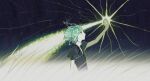  1other androgynous comet crystal_hair gem_uniform_(houseki_no_kuni) glowing glowing_hair golden_arms green_eyes grey_hair highres houseki_no_kuni other_focus phosphophyllite shards sky standing star_(sky) starry_sky zimazhima 