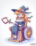 absurd_res areola big_breasts braided_hair breasts cleavage clothed clothing drshanks24 elf female hair hat headgear headwear hi_res holding_object holding_staff looking_at_viewer not_furry pupils solo staff vehicle wheelchair witch_hat
