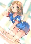  2014_fifa_world_cup absurdres adjusting_hair all_fours arm_support brown_hair facial_tattoo flag green_eyes hajime_kaname highres japan japanese_flag kira_tsubasa looking_at_viewer love_live! love_live!_school_idol_project short_hair smile soccer_uniform sportswear tattoo world_cup 