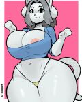 anthro big_breasts breasts clothed clothing curvy_figure digital_media_(artwork) felid feline female fur hair huge_breasts looking_at_viewer mammal mrdexxxs nipples simple_background smile solo tail tem temmie_(undertale) thick_thighs topwear undertale undertale_(series) voluptuous white_body white_fur wide_hips