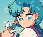  1girl bishoujo_senshi_sailor_moon blue_background blue_eyes blue_hair blue_sailor_collar close-up earrings emily_kim highres jewelry juuban_middle_school_uniform magical_girl mercury_symbol mizuno_ami sailor_collar sailor_mercury school_uniform shirt short_hair simple_background sparkle sparkling_eyes sticker_on_face twitter_username white_shirt 