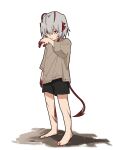  1girl arknights barefoot black_shorts blood blood_on_feet blood_on_hands brown_shirt closed_mouth commentary_request full_body grey_hair hair_between_eyes hand_up highres long_sleeves pe3075 red_eyes shirt shorts simple_background solo standing tail w_(arknights) white_background wide_sleeves 