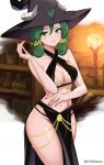  1girl alternate_costume bare_arms black_hat black_panties breasts cleavage_cutout clothing_cutout commentary criss-cross_halter english_commentary fingernails green_eyes green_hair grin hair_between_eyes hair_ornament halterneck hat highleg highres large_breasts long_hair looking_at_viewer meme_attire midriff namu_(112namu) navel panties pelvic_curtain pink_nails smile solo thighs twitter_username underwear unicorn_overlord witch witch_hat yahna_(unicorn_overlord) yomorio_lingerie 