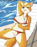  big_breasts bikini breasts canine clothed clothing crossgender female flashing fox fox_mccloud green_eyes lapinstein lying mammal necklace nintendo nipples pussy skimpy smile solo spreading star_fox swimsuit teasing video_games 