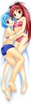  ass barefoot blue_eyes blue_hair blush bow bra dakimakura hair_bow highres hug long_hair looking_at_viewer mahou_shoujo_madoka_magica miki_sayaka multiple_girls ninoko panties ponytail red_eyes red_hair sakura_kyouko short_hair smile strap_slip underwear underwear_only 