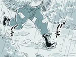  boots comic fujiwara_no_mokou mitsumoto_jouji monochrome pants puddle rain running solo touhou 