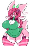  anthro big_breasts breasts clothed clothing female generation_7_pokemon hair hi_res legwear lewdchuu_(artist) lurantis nintendo pink_body pink_eyes pink_hair pokemon pokemon_(species) pupils rose_cupcake_(lewdchuu) simple_background solo stockings sweater tail thick_thighs topwear white_background 