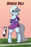  blood blue_fur clothing drooling english_text equine female football fur hair horse knife looking_at_viewer mammal my_little_pony plain_background pony pussy ratofdrawn saliva solo standing teats text tracycage_(character) 