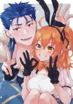  1boy 1girl absurdres animal_ears black_gloves blue_hair bow breasts capelet chaldea_logo cu_chulainn_(caster)_(fate) cu_chulainn_(fate) dress earrings fake_animal_ears fate/grand_order fate_(series) fujimaru_ritsuka_(female) fur-trimmed_hood fur_trim gloves hair_between_eyes headband highres hood hooded_capelet jewelry kajijii long_hair looking_at_viewer official_alternate_costume ok_sign one_side_up open_mouth orange_bow orange_hair rabbit_ears red_eyes ring side_ponytail smile spiked_hair v white_dress yellow_eyes 