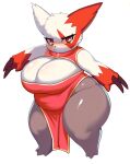 3_fingers 3_toes :&lt; anthro asian_clothing belly belly_overhang big_breasts blush breasts chinese_clothing chinese_dress claws cleavage cleavage_cutout clothed clothing cutout digital_media_(artwork) dress east_asian_clothing eyelashes feet female fingers full-length_portrait fur generation_3_pokemon glistening glistening_breasts glistening_thighs grey_body grey_fur hi_res huge_breasts huge_hips huge_thighs looking_at_viewer navel_outline nintendo overweight overweight_anthro overweight_female pokemon pokemon_(species) portrait red_body red_clothing red_dress red_eyes red_fur short_stack simple_background sleeveless_dress snout solo standing thick_thighs three-quarter_view toes white_background white_body white_fur wide_hips xmu zangoose