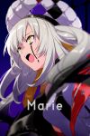  1girl bare_shoulders black_tears breasts character_name dress echo_(circa) fate/grand_order fate_(series) gradient_hair grey_hair hat jacket long_hair long_sleeves marie_antoinette_(alter)_(fate) marie_antoinette_(alter)_(first_ascension)_(fate) marie_antoinette_(fate) medium_breasts multicolored_hair off_shoulder open_clothes open_jacket open_mouth sidelocks solo two_side_up white_dress white_hair white_hat white_jacket yellow_eyes 