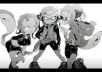  3girls agent_3_(splatoon) agent_4_(splatoon) agent_8_(splatoon) arm_at_side boots breasts commentary_request crop_top floating_hair from_behind greyscale hand_on_own_hip hand_on_own_knee headphones high-visibility_vest hood hood_down hooded_jacket inkling_girl inkling_player_character jacket leaning_forward letterboxed long_hair looking_at_viewer looking_back medium_hair midriff miniskirt monochrome multiple_girls navel octoling_girl octoling_player_character parted_lips pencil_skirt serious shorts sideways_mouth single_bare_shoulder single_sleeve skirt smile splatoon_(series) splatoon_2 squidbeak_splatoon suction_cups tentacle_hair thigh_strap v-shaped_eyebrows very_long_hair wadanaka white_background wristband zipper zipper_pull_tab 