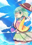  blue_sky cloud day green_eyes green_hair hat hat_removed headwear_removed komeiji_koishi looking_at_viewer one_eye_closed outdoors rowtan short_hair sky solo third_eye touhou wind 