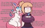  anthro breasts cleavage clothed clothing dialogue duo eeveelution embarrassed erect_nipples euphorica female feral generation_6_pokemon hi_res human male male/female mammal nintendo nipples pokemon pokemon_(species) pokemon_trainer shaking size_difference small_dom_big_sub sylveon text 
