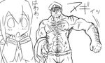  1girl abs admiral_(kantai_collection) bare_chest blush chest_hair comic greyscale hat inazuma_(kantai_collection) kantai_collection manly matsuda_chiyohiko military military_uniform monochrome muscle naval_uniform school_uniform serafuku shocked_eyes sketch tonda translated uniform 