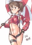  breasts brown_eyes brown_hair covered_nipples cowboy_shot fingerless_gloves gloves highres kantai_collection midriff race_queen ryuujou_(kantai_collection) short_hair short_shorts shorts sketch small_breasts solo spirytus_tarou twintails umbrella 