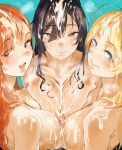  3girls absurdres after_ejaculation ahoge arisugawa_natsuha asymmetrical_docking black_hair blonde_hair blue_eyes breast_press breasts brown_eyes bukkake commentary_request completely_nude cum cum_on_body cum_on_hair facial hachimiya_meguru heavy_breathing hero_neisan highres idolmaster idolmaster_shiny_colors large_breasts long_hair looking_at_viewer multiple_girls nipple-to-nipple nude orange_hair ponytail shirase_sakuya smile sweat yellow_eyes 