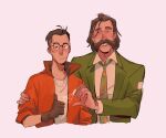  2boys black_hair blush bomber_jacket brown_hair citrus0lemon closed_eyes cowboy_shot cropped_torso disco_elysium facial_hair glasses green_jacket half-heart_hands harry_du_bois heart_hands_failure highres jacket kim_kitsuragi male_focus mature_male multiple_boys mustache_stubble mutton_chops pink_background round_eyewear short_hair smile stubble thumbs_up yaoi 