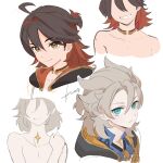  2boys albedo_(genshin_impact) black_hair blue_eyes blue_shirt brown_eyes closed_mouth english_commentary gaming_(genshin_impact) genshin_impact grey_hair grin hair_between_eyes hood hood_down jewelry looking_at_viewer male_focus mole mole_on_neck multicolored_hair multiple_boys multiple_views neck_ring red_hair scar scar_on_neck shirt simple_background sketch smile tiny_(0v0) upper_body white_background 
