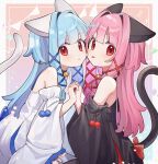  2girls animal_ears bell black_dress black_sleeves blue_hair blush border cat_ears cat_tail closed_mouth commentary_request cone_huraku cowboy_shot detached_sleeves dress from_side gradient_background hair_intakes hands_up holding_hands interlocked_fingers jingle_bell kemonomimi_mode kotonoha_akane kotonoha_aoi long_hair looking_to_the_side low-tied_sidelocks multiple_girls neck_bell one_side_up outside_border pennant pink_hair red_eyes short_dress siblings sidelocks sisters sitting sleeveless sleeveless_dress string_of_flags tail tongue tongue_out twitter_username voiceroid white_border white_dress white_sleeves wide_sleeves 