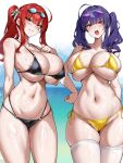  2girls areola_slip aviator_sunglasses azur_lane bare_shoulders beach bikini black_bikini blue_hair blush breasts cleavage collarbone eyewear_on_head goggles goggles_on_head grin highres kirome_(kamipaper) large_breasts long_hair looking_at_viewer multiple_girls navel official_alternate_costume open_mouth pola_(azur_lane) pola_(seaside_coincidence)_(azur_lane) red_hair side_ponytail sidelocks skindentation smile sunglasses swimsuit thighs twintails wet yellow_bikini yellow_eyes zara_(azur_lane) zara_(poolside_coincidence)_(azur_lane) 