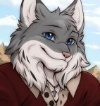  1boy aluminemsiren_(orion) blue_eyes blue_sky cloud cloudy_sky cross_pendant echo_(visual_novel) echo_project furry furry_male highres jewelry looking_at_viewer male_focus mountainous_horizon necklace red_shirt shirt sky smile tj_hess upper_body 
