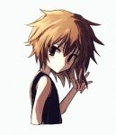  1other androgynous atoymk brown_eyes brown_hair closed_mouth cropped_torso film_grain hair_between_eyes hand_in_own_hair hand_up highres kurohebi len&#039;en other_focus simple_background solo tank_top upper_body white_background white_tank_top 