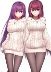  2girls bare_shoulders blush breasts brown_pantyhose fate/grand_order fate_(series) fufufu_hehehe highres jewelry large_breasts long_hair long_sleeves looking_at_viewer multiple_girls necklace pantyhose purple_hair red_eyes scathach_(fate) scathach_skadi_(fate) smile sweater thighs white_sweater 