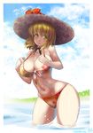  aki_minoriko bikini blonde_hair blush breasts cleavage floral_print front-tie_top hat highres large_breasts navel open_mouth short_hair smile solo swimsuit touhou umigarasu_(kitsune1963) wading water 