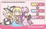  alice_margatroid blonde_hair blue_eyes book bow braid capelet chibi crescent doll dress hair_bow hairband hat kirisame_marisa long_hair looking_at_viewer mikagami_hiyori multiple_girls patchouli_knowledge purple_eyes purple_hair ribbon shanghai_doll short_hair sitting smile star touhou witch_hat yellow_eyes 