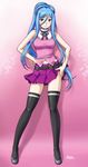  2014 aoki_hagane_no_arpeggio artist_name belt black_legwear blue_eyes blue_hair blush breasts dated full_body hair_between_eyes hand_on_hip long_hair medium_breasts midriff mole mole_under_mouth navel neck_ribbon number pink_background pleated_skirt ponytail ribbon sameha_ikuya shirt sidelocks silhouette skirt sleeveless solo standing takao_(aoki_hagane_no_arpeggio) thighhighs very_long_hair 