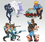 absurd_res aiming ambiguous_gender anthro armor beverage blue_body blue_clothing boots bottle bottomwear brandophobia clothing container crossover crouching cup demoman_(team_fortress_2) drinking duo engineer_(team_fortress_2) eye_patch eyewear feral footwear forretress generation_2_pokemon generation_3_pokemon generation_5_pokemon generation_8_pokemon gloves goggles grenade_belt group gun hair handwear hard_hat headgear helmet hi_res hisuian_form hisuian_zoroark human inteleon knee_pads kneeling knife larger_human male mammal mask necktie nintendo overalls pants pokemon pokemon_(species) purple_hair ranged_weapon regional_form_(pokemon) rifle scope shoes simple_background size_difference smaller_anthro sniper_(team_fortress_2) sniper_rifle spinda spiral_eyes spy_(team_fortress_2) standing suit tail team_fortress_2 topwear toy toy_gun valve vest water_gun weapon white_background zoroark