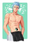  1boy abs amorphe113 annoyed artist_name black_pants bleach blue_eyes blue_hair border collarbone commentary cowboy_shot facial_mark green_background grimmjow_jaegerjaquez highres hole hole_in_stomach looking_at_viewer muscular muscular_male nipples nose pants parted_lips pectorals simple_background solo spiked_hair symbol-only_commentary topless_male tsurime v-shaped_eyebrows white_border 